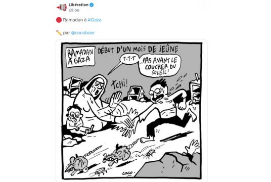 Libération gazetesi 'Gazze'de Ramazan' karikatürüyle, açlıktan ölen kişilerle dalga geçti.